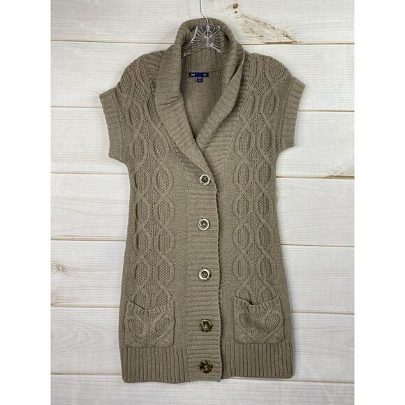 Gap Womens Cardigan Sz XS Brwon Short Sleeve Cable Knit Button-Up Sweater Pocket - Picture 1 of 8